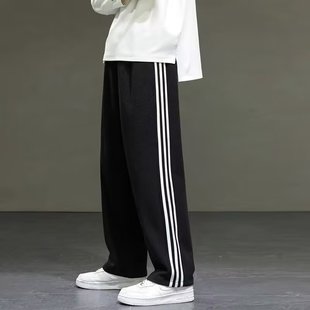 子日系简约休闲长裤 加绒宽松直筒男生裤 男秋冬美式 三条杠运动卫裤