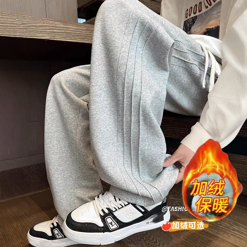 潮牌宽松运动卫裤男秋冬美式灰色阔腿裤子青少年加绒垂感休闲裤潮