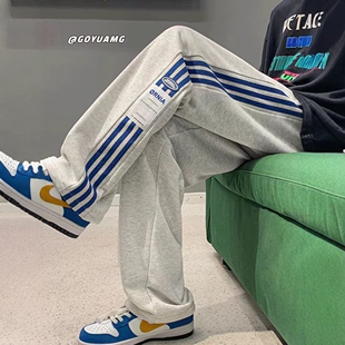 日系侧边三条杠运动卫裤男春夏季薄款条纹直筒裤垂感阔腿休闲裤子