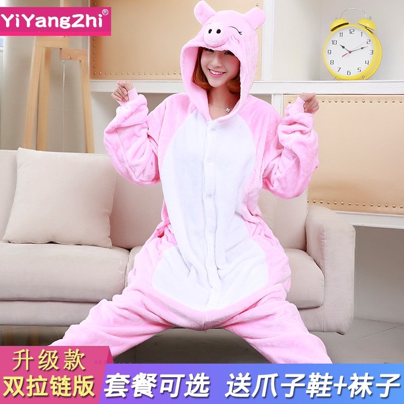 秋冬季法兰绒男女情侣睡衣粉猪卡通动物连体睡衣珊瑚绒长袖家居服