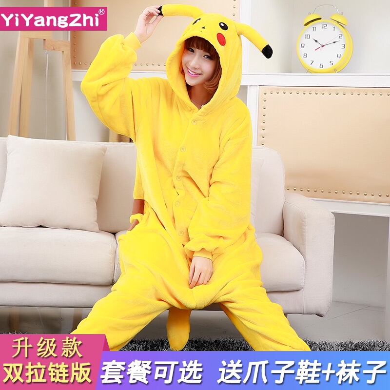 秋冬季法兰绒男女情侣成人可爱卡通动物连体睡衣加绒加厚珊瑚绒