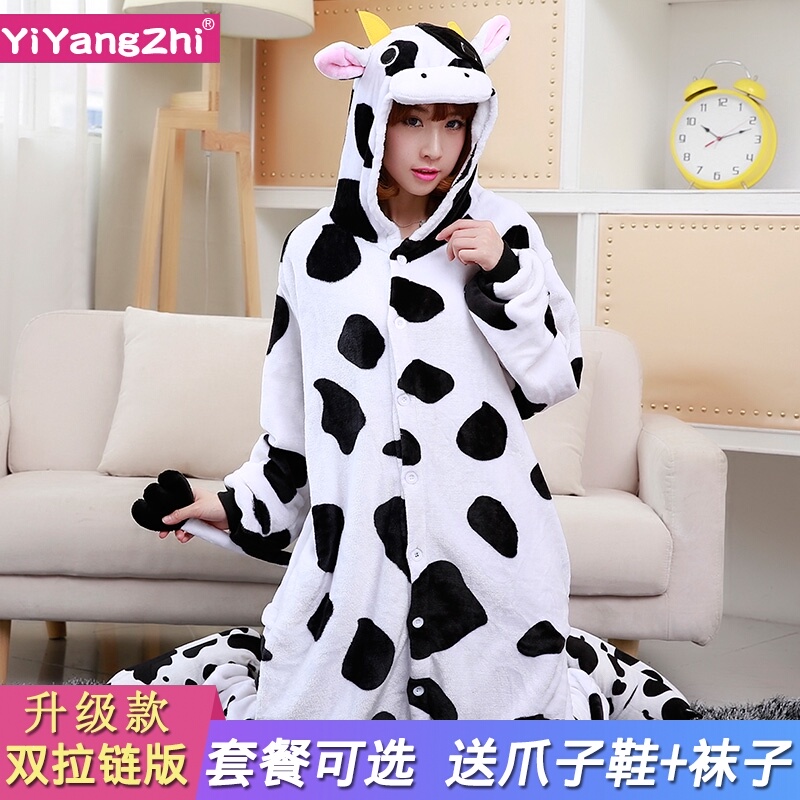 秋冬款奶牛动物卡通连体睡衣法兰绒男女情侣可爱成人加厚珊瑚绒