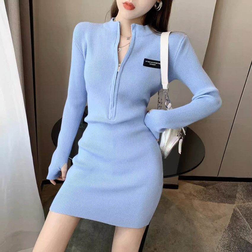 韩版针织纯色拉链包臀裙