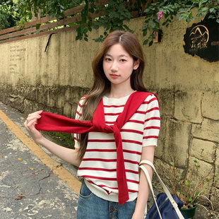 港味风格送红色披肩条纹短袖t恤女夏季新款假两件针织衫小众上衣