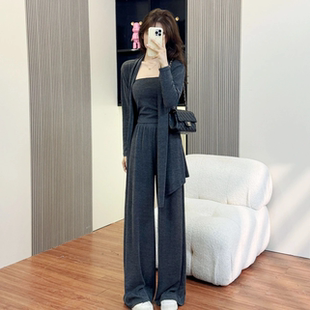 港味风格一整套休闲运动套装女春秋新款宽松开衫抹胸阔腿裤三件套