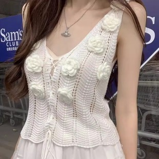 潮 港味风格 手工钩花立体花朵绑带背心上衣女夏季 新款 V领吊带小衫