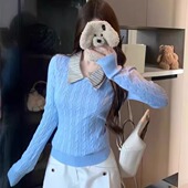 小衫 港味风格 上衣 修身 长袖 翻领麻花假两件毛衣针织衫 女春秋冬新款