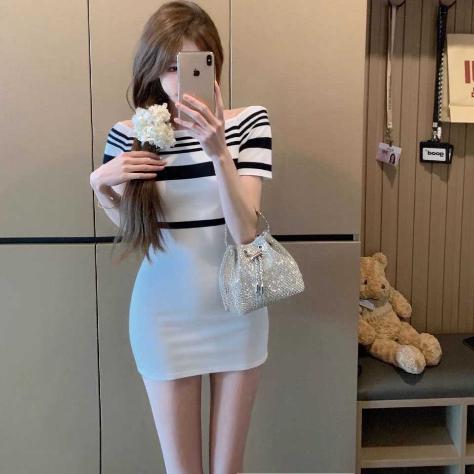 港味风格条纹气质一字肩短袖连衣裙女夏季新款修身显瘦包臀裙子潮,女装/女士精品,连衣裙,淘宝优惠券,粉丝福利购,淘宝优惠卷