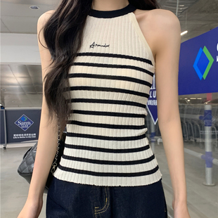 港味风格 上衣 黑白条纹挂脖针织背心吊带女内搭高级感无袖 气质小衫