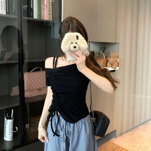 一字肩抽绳短袖T恤女夏季新款