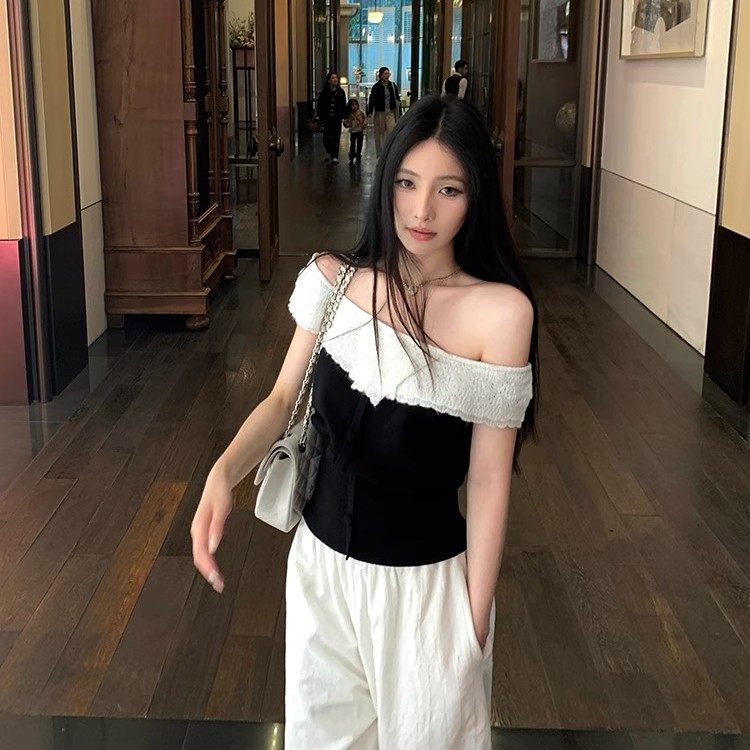 港味风格一字领撞色拼接短袖针织T恤女夏季新款修身露肩上衣小衫