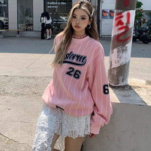 港味风格宽松美式字母扎染卫衣女秋冬新款长袖球衣棒球服春装上衣