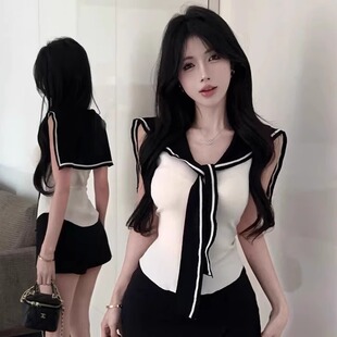 新款 T恤女夏季 针织背心海军领上衣潮 假两件披肩绑带短袖 港味风格