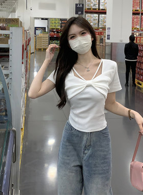 蝴蝶结方领短袖T恤女夏新款纯棉