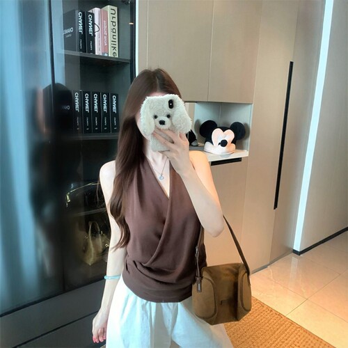 交叉V领挂脖背心女夏季薄款