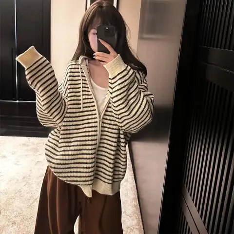 港味风格条纹连帽毛衣针织外套