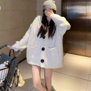 宽松显瘦百搭上衣 外套女加绒春秋冬新款 港味风格 连帽毛衣针织开衫