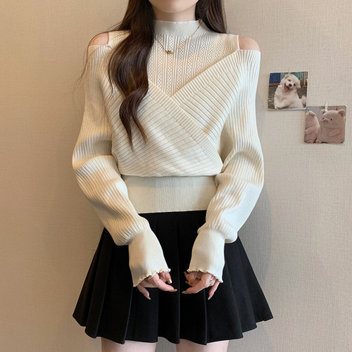 露肩半高领长袖针织衫女春秋冬季