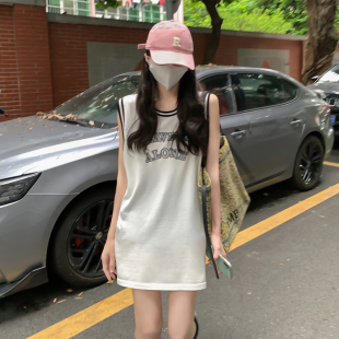 港味风格扎染字母印花连衣裙女夏季新款无袖中长款背心裙宽松运动