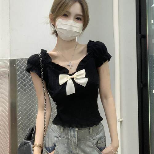港味风格蝴蝶结一字肩短袖t恤女