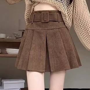 港味风格 百褶短裙子 灯芯绒半身裙女秋冬新款 高腰显瘦a字伞裙美式