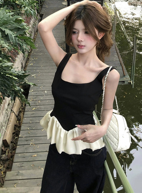 港味风格撞色拼接吊带背心女夏季新款别致小衫显瘦短款无袖上衣潮