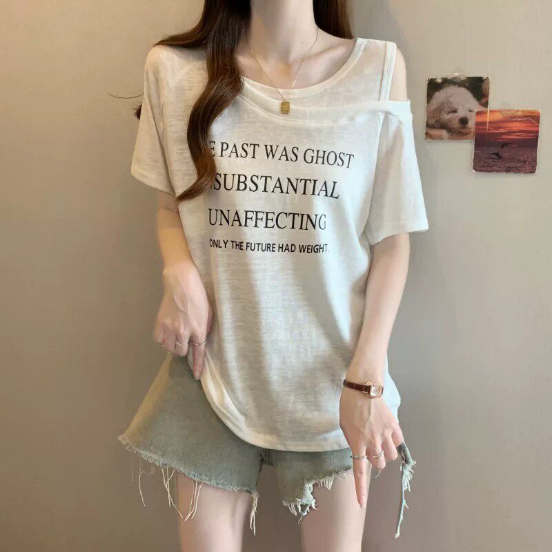 港味风格假两件字母印花露肩短袖T恤女夏季薄款宽松显瘦百搭上衣