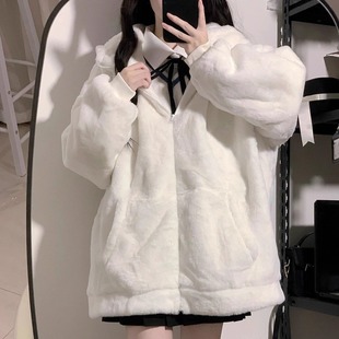 港味风格兔耳朵连帽毛毛绒外套女秋冬新款宽松加厚保暖棉袄上衣潮