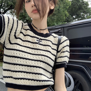 港味风格条纹针织衫女夏季短袖辣妹修身短款露脐上衣镂空百搭t恤