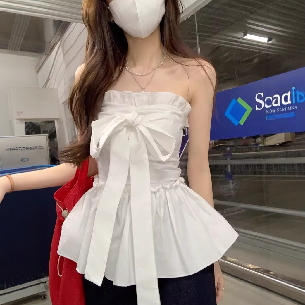 港味风格设计感蝴蝶结绑带抹胸背心女夏季收腰显瘦度假吊带上衣潮