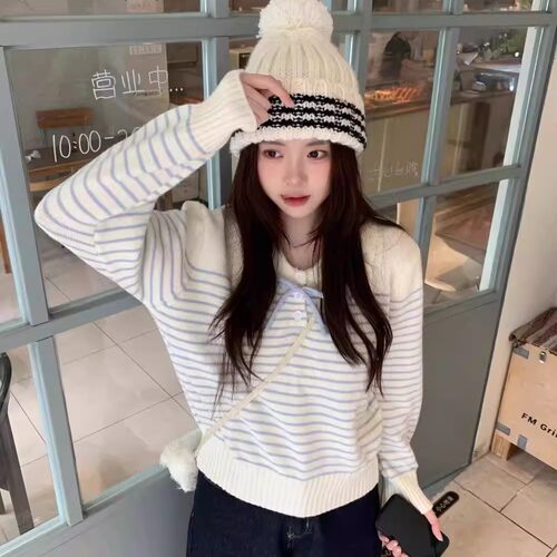 条纹蝴蝶结长袖毛衣女秋冬新款