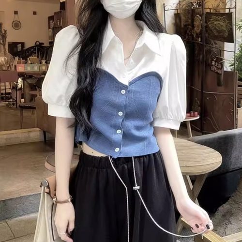 泡泡袖撞色假两件短袖衬衫女夏季