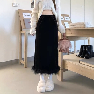 港味风格高腰毛边半身裙女春秋冬新款显瘦开叉A字裙包臀中长裙子