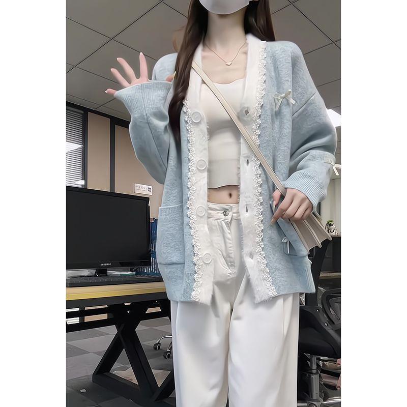 港味风格蝴蝶结毛衣开衫外套女秋冬季加厚宽松中长款长袖针织外套