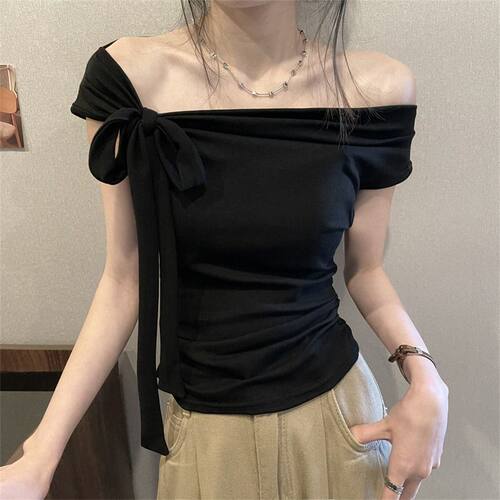 蝴蝶结露肩短袖t恤女夏季新款
