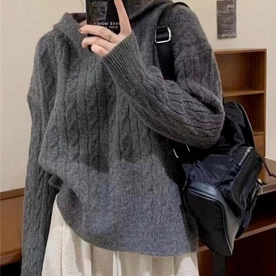 港味风格麻花连帽毛衣女秋冬新款