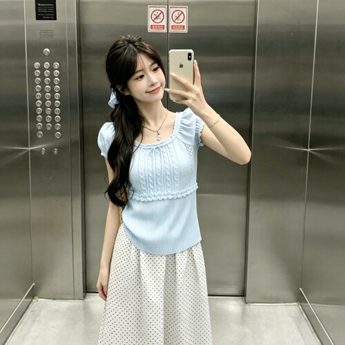 甜美方领短袖T恤针织衫女夏季
