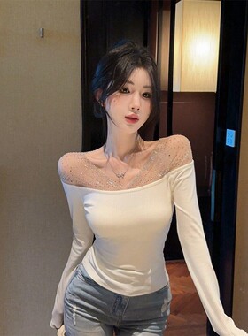 假两件一字肩长袖T恤针织衫女