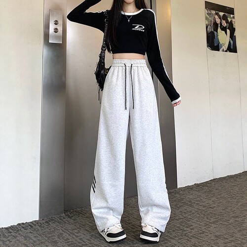 松紧腰三条杠阔腿裤女春秋冬