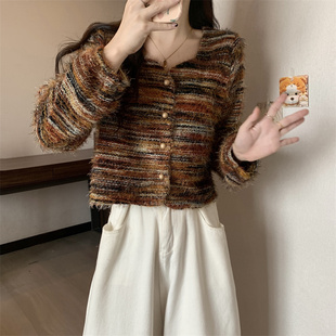 港味风格撞色扎染时尚开衫毛衣女春秋冬新款短款长袖针织毛绒上衣