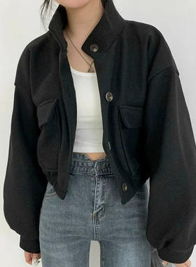 酷帅短款立领毛呢外套女秋冬新款