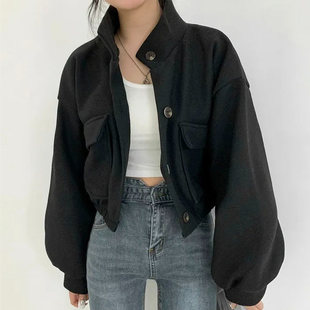 棒球服宽松休闲呢子上衣 立领毛呢外套女秋冬新款 港味风格 酷帅短款