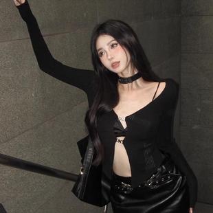 春秋别致辣妹短款 港味风格 女装 针织开衫 安哥拉红上衣 镂空v领长袖