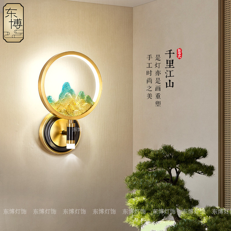 新中式壁灯珐琅彩中国风卧室床头全铜玻璃壁灯客厅背景墙个性创意