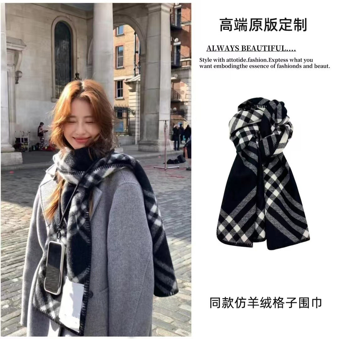 同款格子围巾女冬季感双面双色个性仿羊绒大披肩战马围巾