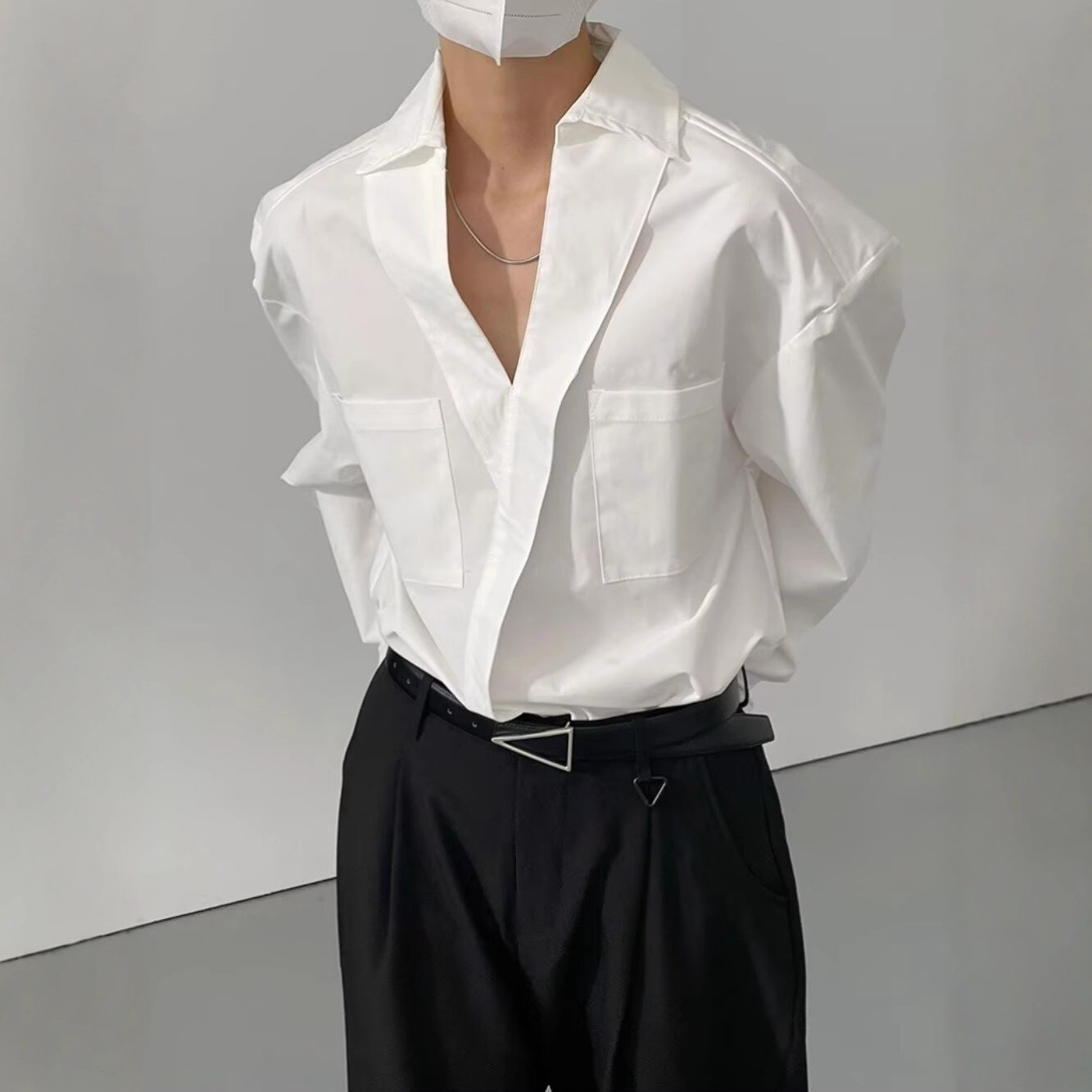 法式v领衬衫男士2025年春秋季新款气斜门襟衬衣气质宽松上衣