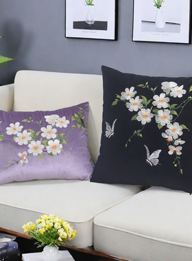 冉牡仕蝶恋花绒布刺绣抱枕新复古风黑色轻奢沙发客厅靠垫中式腰枕