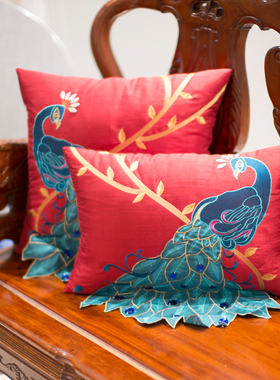 新中式中国风抱枕套红木客厅沙发床头靠垫孔雀缝珠刺绣靠包靠枕套