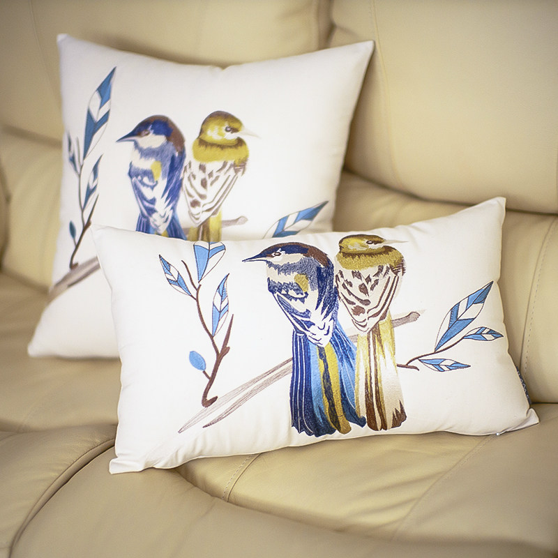 美式花鸟乡村北欧简约靠枕腰垫办公座椅床头靠垫花鸟沙发棉麻抱枕
