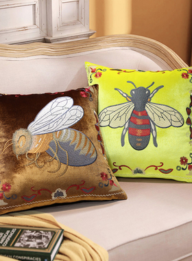 RAMS美式腰靠枕样板房沙发抱枕套田园复古蜜蜂绿色丝绒刺绣靠垫套